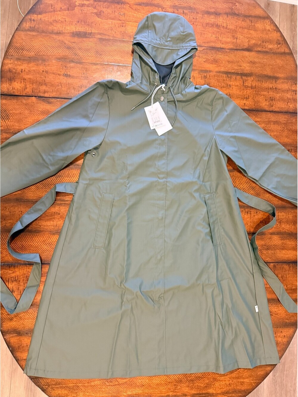 RAINS A-Line Longer W Jacket W3 Green XL Waterproof Hooded Belted Rain Coat